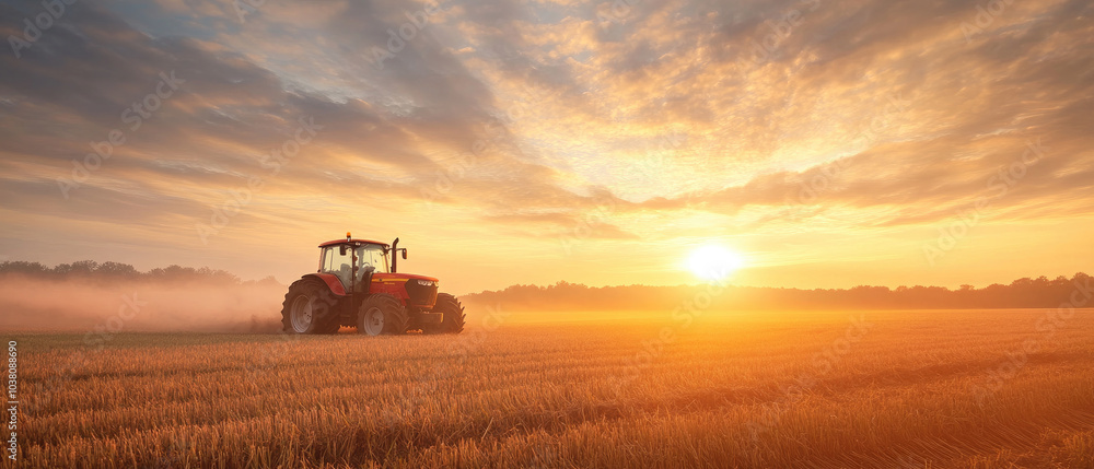Tractor in a Maryland field at sunset, golden light illuminating the landscape, serene rural atmosphere, agricultural beauty. Tractor in a Maryland field at sunset, golden light illuminating the landscape, serene rural atmosphere, agricultural beauty.