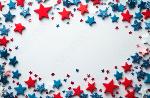 Red, white, and blue star decorations arranged on a white background for a fe...