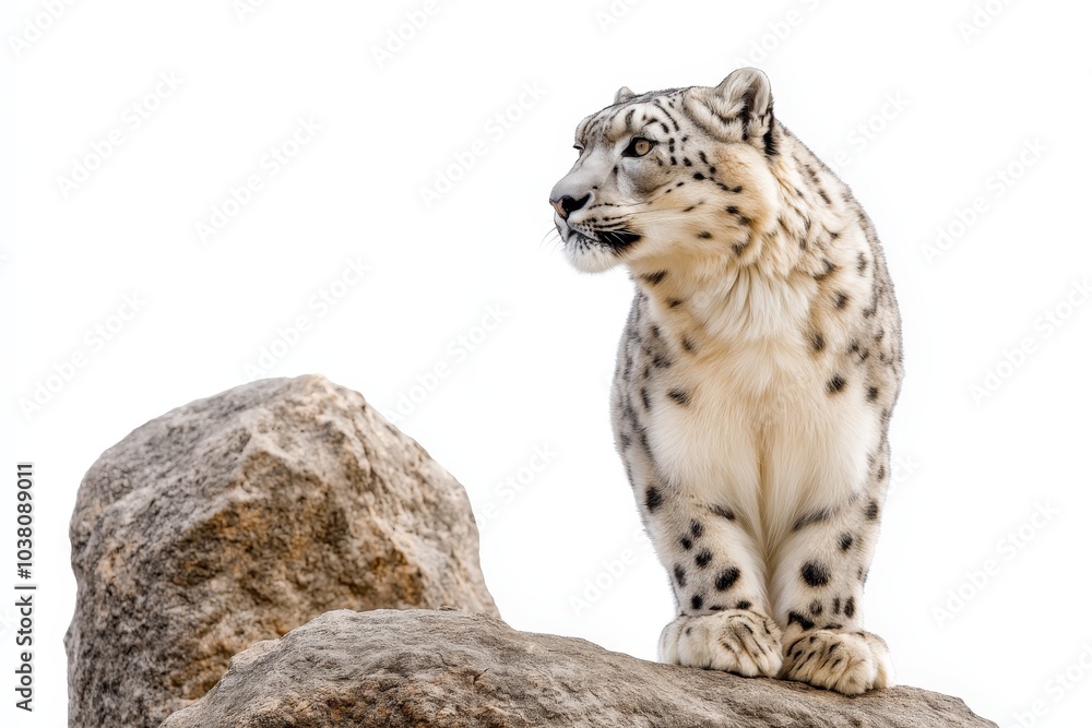 Snow leopard portrait fierce profile view with spotted fur on rock, minimalist composition isolated Snow leopard portrait fierce profile view with spotted fur on rock, minimalist composition isolated