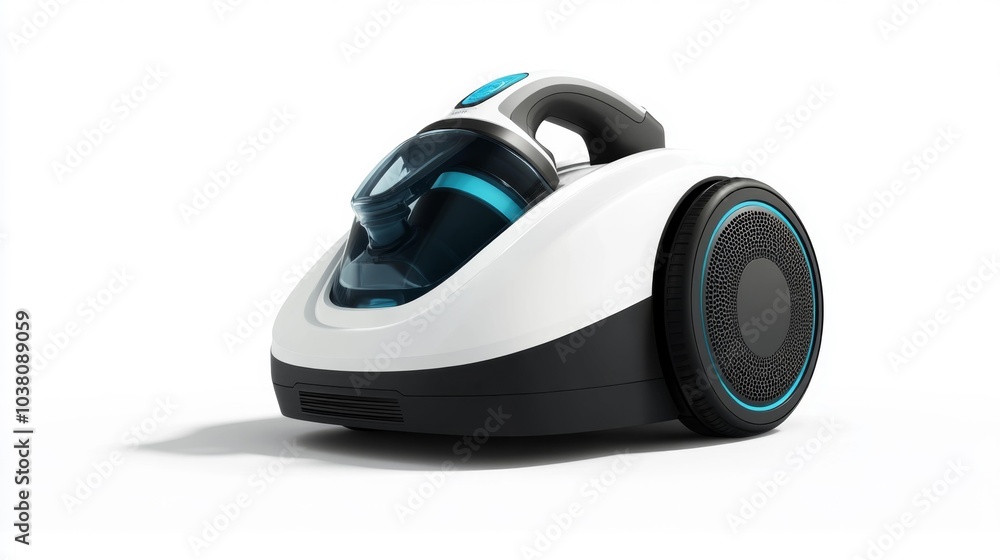 Sleek modern vacuum cleaner with blue accents on a white background. Generative AI Sleek modern vacuum cleaner with blue accents on a white background. Generative AI