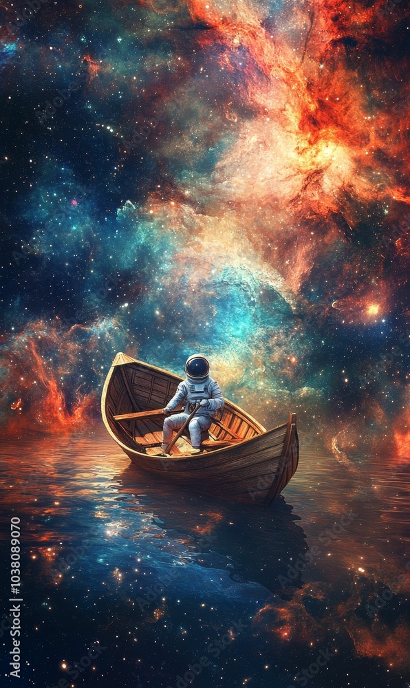 Obraz premium Astronaut rows boat through starry nebula.