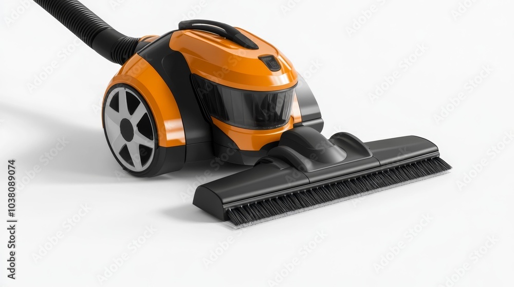 Fototapeta premium Orange vacuum cleaner with a wide brush head on a white background modern design high-efficiency home cleaning tool. Generative AI