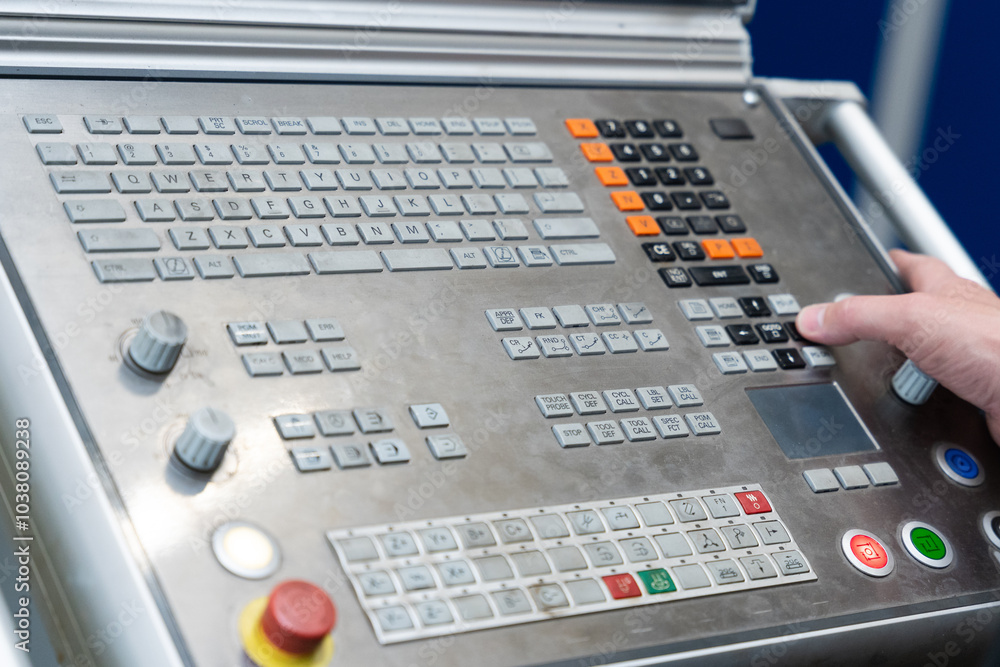 Close-up of a CNC control, photo of the control of a numerical computer control machine Close-up of a CNC control, photo of the control of a numerical computer control machine