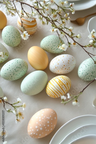 Colorful Easter eggs arranged on a table with spring flowers and pastel dinne...