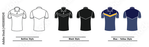 set of men's golf shirt designs, available outline, solid black and colored, editable vector eps 10.