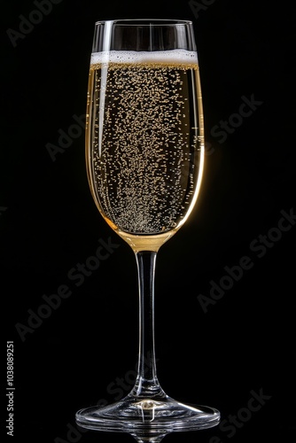 Two champagne flutes filled with bubbly drink on reflective surface with spar...