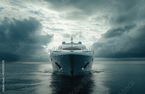 A luxurious yacht sailing in dark waters under a dramatic stormy sky at twilight