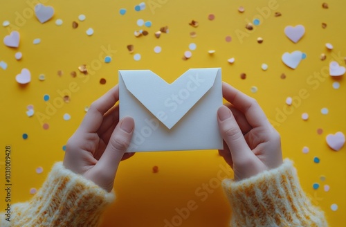 Person holding a letter on a festive yellow background with colorful heart sh...