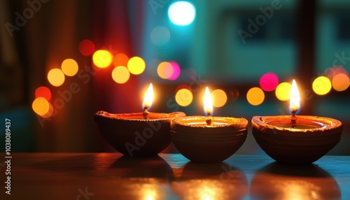 Three lit oil lamps on a table, surrounded by a soft, colorful bokeh background, creating a warm and festive atmosphere.