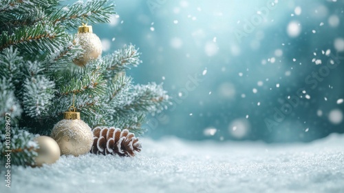 Festive winter scene with snowy decorations and pine cones under soft falling...