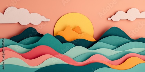 Vibrant Landscape of Waves and Mountains in Pastel Tones