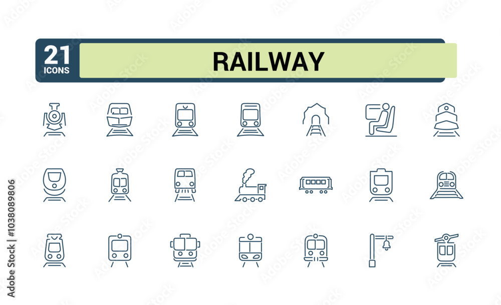 Railway outline icons. Train linear icon collection. Editable stroke. Train station icons bundle. Vector illustration. Railway outline icons. Train linear icon collection. Editable stroke. Train station icons bundle. Vector illustration.