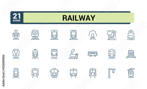 Railway outline icons. Train linear icon collection. Editable stroke. Train station icons bundle. Vector illustration.