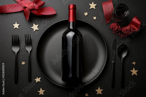 Elegant table setting for a festive dinner with wine, decorations, and holida...