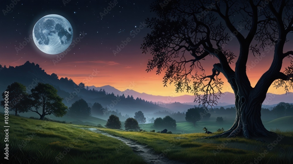 A winding path leads through a grassy valley under a full moon, silhouetted by trees and rolling hills at dusk. A winding path leads through a grassy valley under a full moon, silhouetted by trees and rolling hills at dusk.