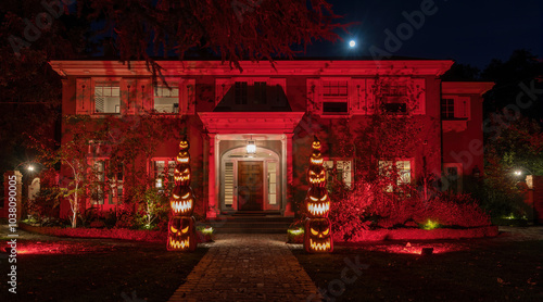 Halloween Haunted House Lights with Full Moon.