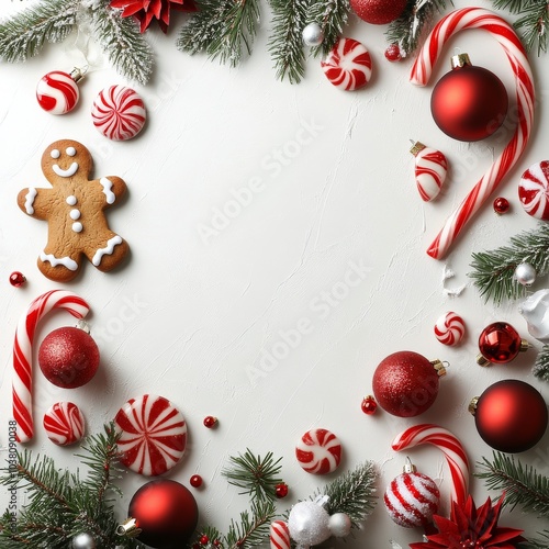 Festive holiday arrangement with gingerbread, ornaments, and candy canes on a...