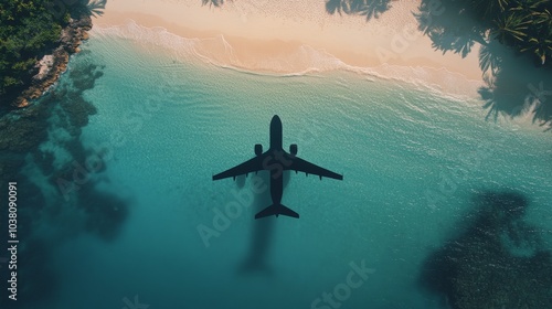 Airplane flying over a tropical beach with clear turquoise water and palm tre...