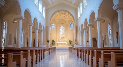 Interior view of a serene church with wooden pews and elegant stained glass windows during daylight