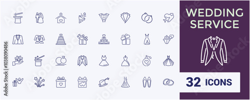 Wedding line icons collection. Event and celebration icon set. Couple, bride, marriage icon pack. Thin outline icons pack. Vector outline icons set.