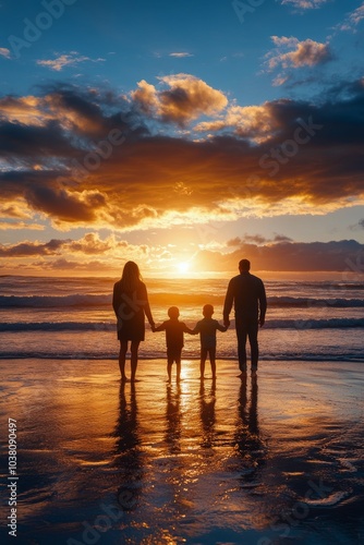Family enjoying sunset at the beach with waves gently crashing on a warm evening
