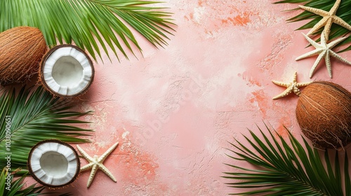 Coconuts and starfish arranged on a pink background with palm leaves for a tr...