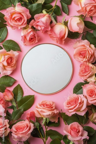 A delicate circular plate surrounded by pink roses on a soft pink background ...