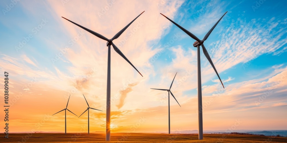 Obraz premium Beautiful Wind Turbines at Sunset Over Open Landscape