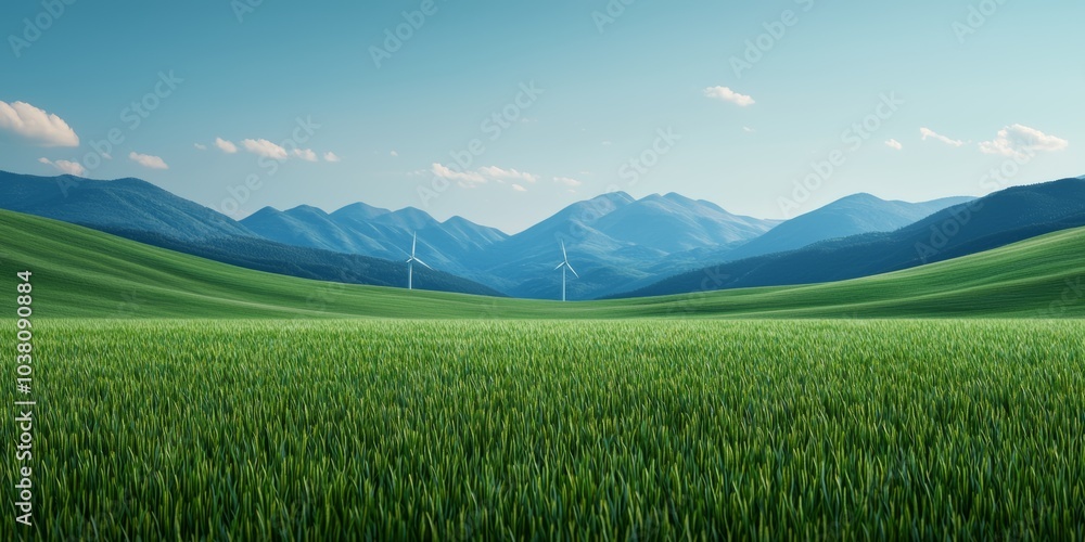 Expansive Landscape with Wind Turbines and Green Fields Expansive Landscape with Wind Turbines and Green Fields