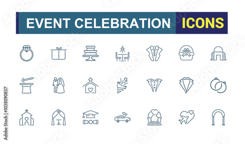 Wedding line icons collection. Event and celebration icon set. Couple, bride, marriage icon pack. Thin outline icons pack. Vector outline icons set.