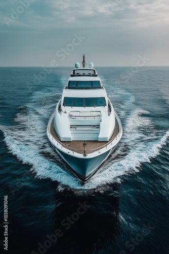 Luxury yacht cruising through calm waters under an overcast sky at sea