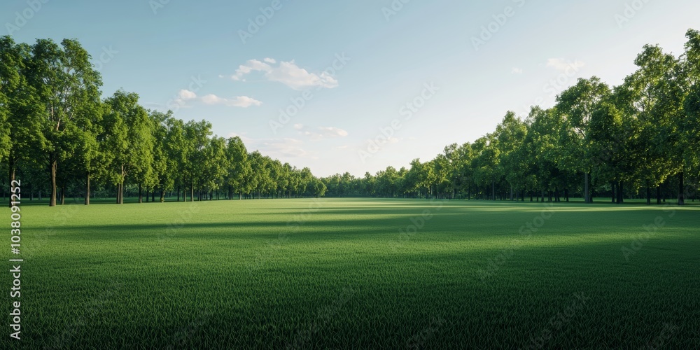 Fototapeta premium Lush Green Park Landscape Under Clear Blue Sky