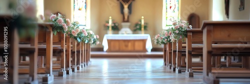 Interior of a quiet church with wooden pews leading to an altar in soft natur...