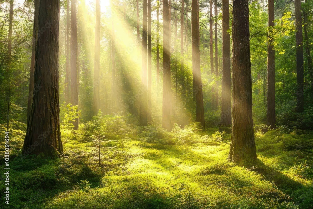 Obraz premium morning in the woods with sun rays on the logs