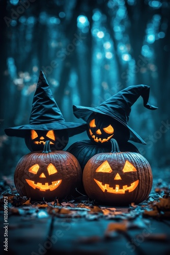 Spooky Halloween pumpkins with glowing faces and witch hats in a dark forest ...