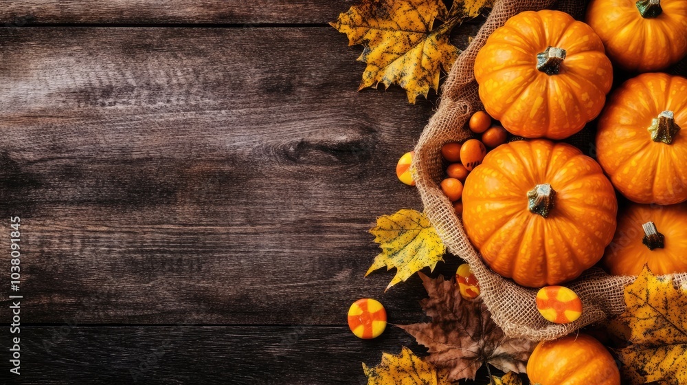A trick-or-treat bag filled with pumpkin-shaped candies spilling onto a rustic wooden table, perfect for a Halloween night. A trick-or-treat bag filled with pumpkin-shaped candies spilling onto a rustic wooden table, perfect for a Halloween night.