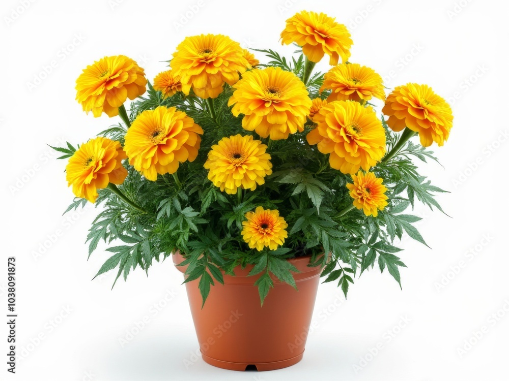 Vibrant yellow marigold flowers blooming in a terracotta pot with rich green foliage, isolated on a white background Vibrant yellow marigold flowers blooming in a terracotta pot with rich green foliage, isolated on a white background