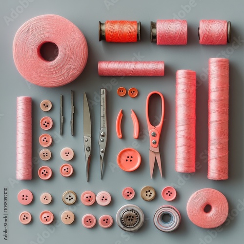 A variety of pink sewing supplies are organized neatly on a light gray backgr...
