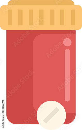 Red pill bottle with its lid off and a single pill falling out of it on a white background