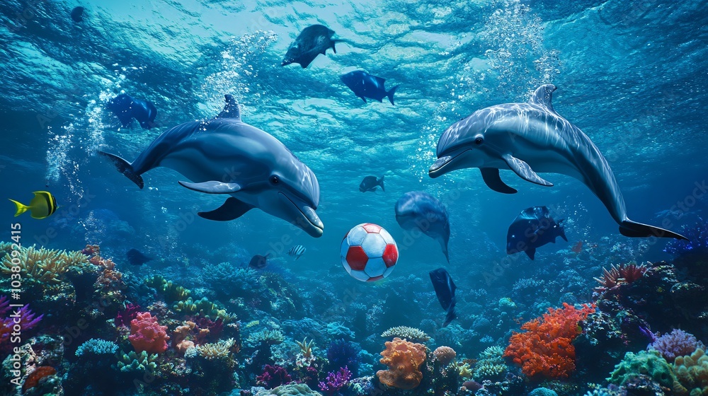 Fototapeta premium Two dolphins playing with a soccer ball underwater near a coral reef.