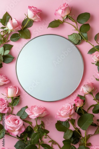 A delicate circular plate surrounded by pink roses on a soft pink background ...