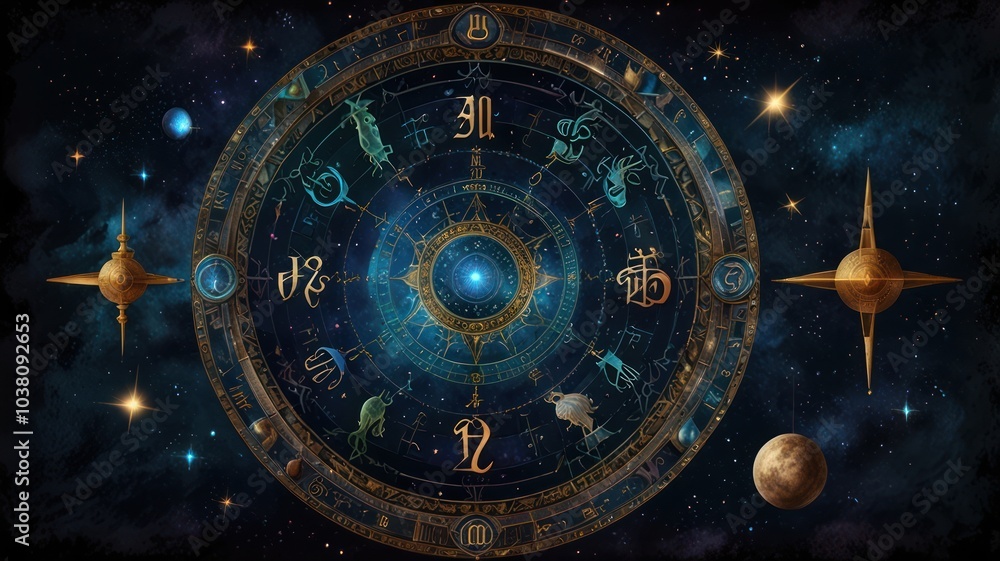 A celestial compass with zodiac signs on a dark blue background with stars and planets. A celestial compass with zodiac signs on a dark blue background with stars and planets.