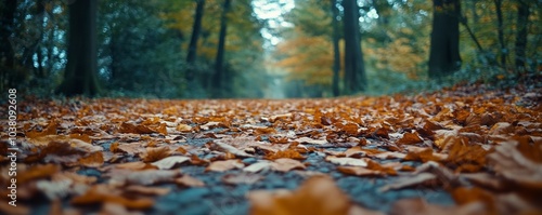 Autumn leaves blanket a serene forest trail in late afternoon sunlight