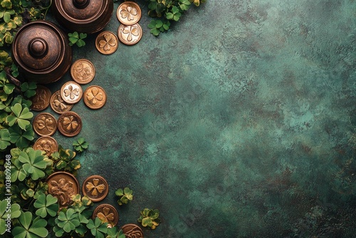 Green background with coins and flowers creating a festive St Patricks Day at...