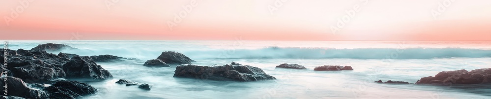 Serene Sunrise Over Ocean Waves and Rocky Shoreline Serene Sunrise Over Ocean Waves and Rocky Shoreline