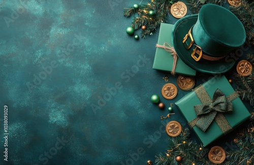 Colorful St. Patricks Day decorations with gifts, a hat, and festive ornament...
