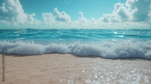 Gentle waves lap against sandy shore under bright blue sky with fluffy clouds...