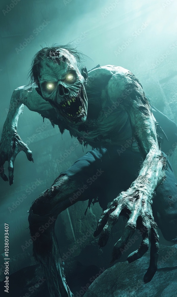 A grotesque zombie lunges forward, its eyes glowing. A grotesque zombie lunges forward, its eyes glowing.
