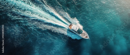 Luxury boat gliding across turquoise waters in bright sunlight on a clear day
