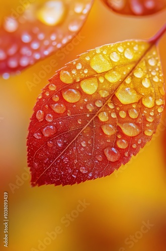 Close up of a vibrant red leaf with droplets in autumn light against a soft b...